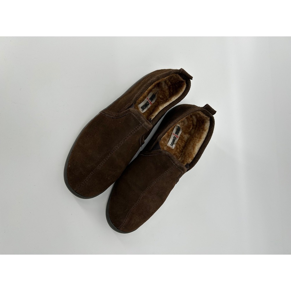 Minnetonka Suede Slippers Mens 12 Brown Excellent Faux Fur Lined Slip On 41622